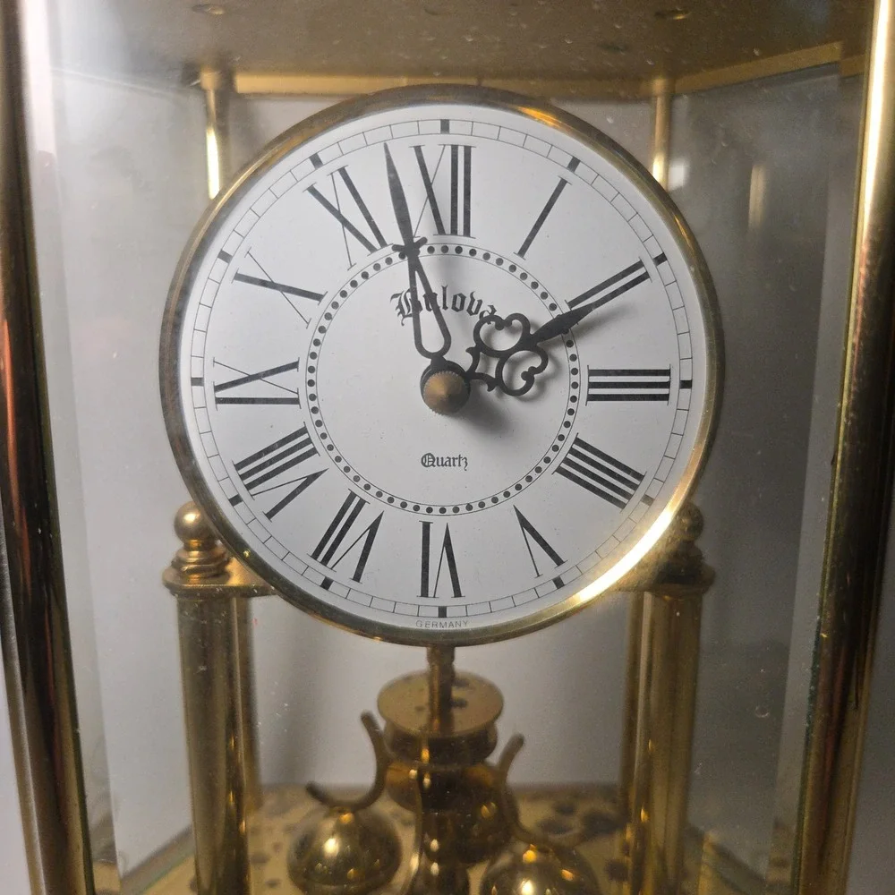 VTG Bulova Anniversary Clock Glass Gold Brass Rotating Pendulum Quartz‎ GERMANY